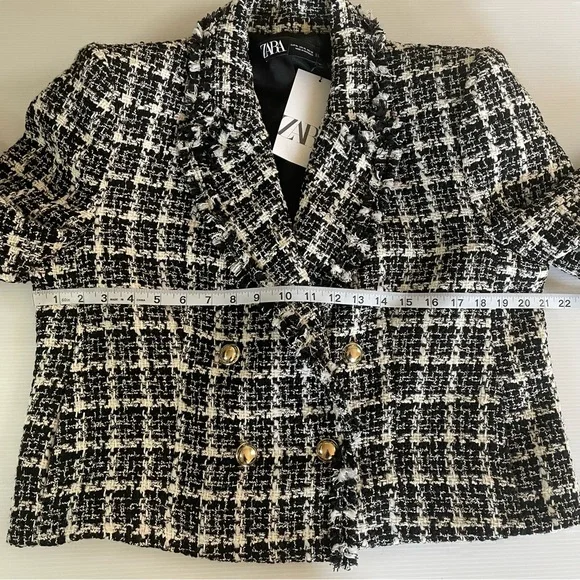 Zara Textured Tweed Houndstooth Black & White Double Breasted Cropped Jacket XL - Picture 4 of 8